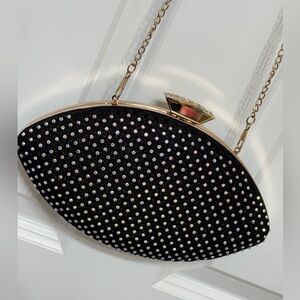 Walkeaze Black Rhinestone Evening Clutch Purse with Gold Chain